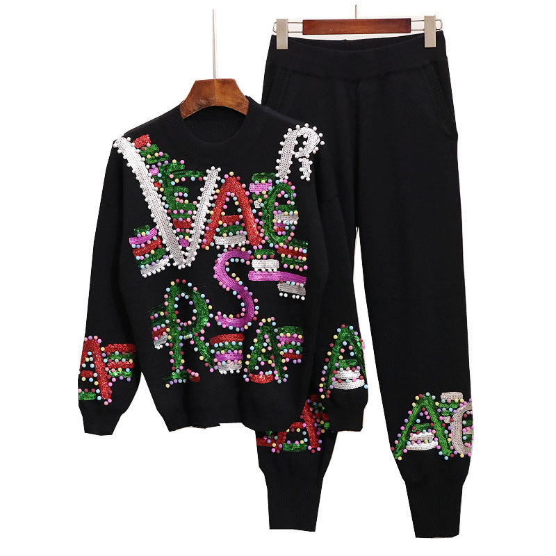 Letter Long-sleeved Knit Sweater Casual Trousers Knit Suit Women