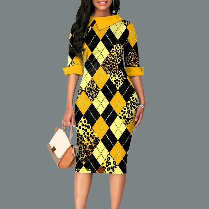 Women's Digital Print Lapel Mid Sleeve Elegant Dress