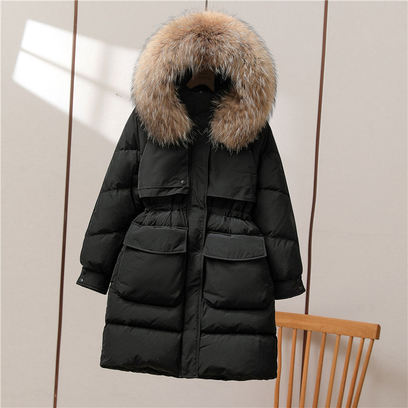 Big Fur Collar White Duck Down Jacket Overknee Thickened Winter Coat