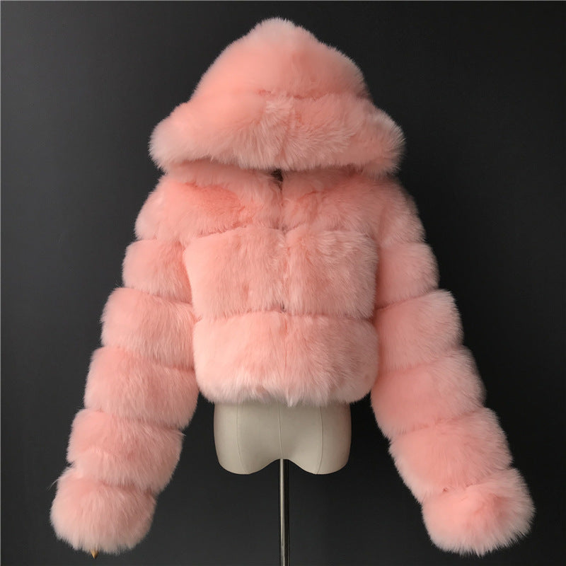 Short Hood Fox Fur Women's Long Sleeve Stitching Coat