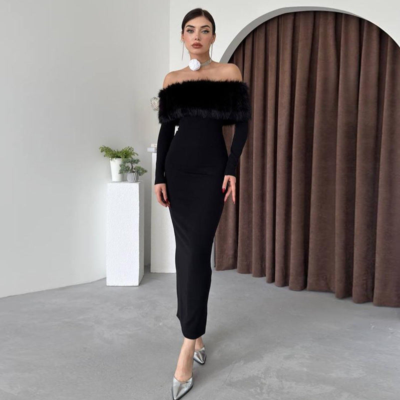 Off-shoulder Fur Collar Slim Fit Dress Women