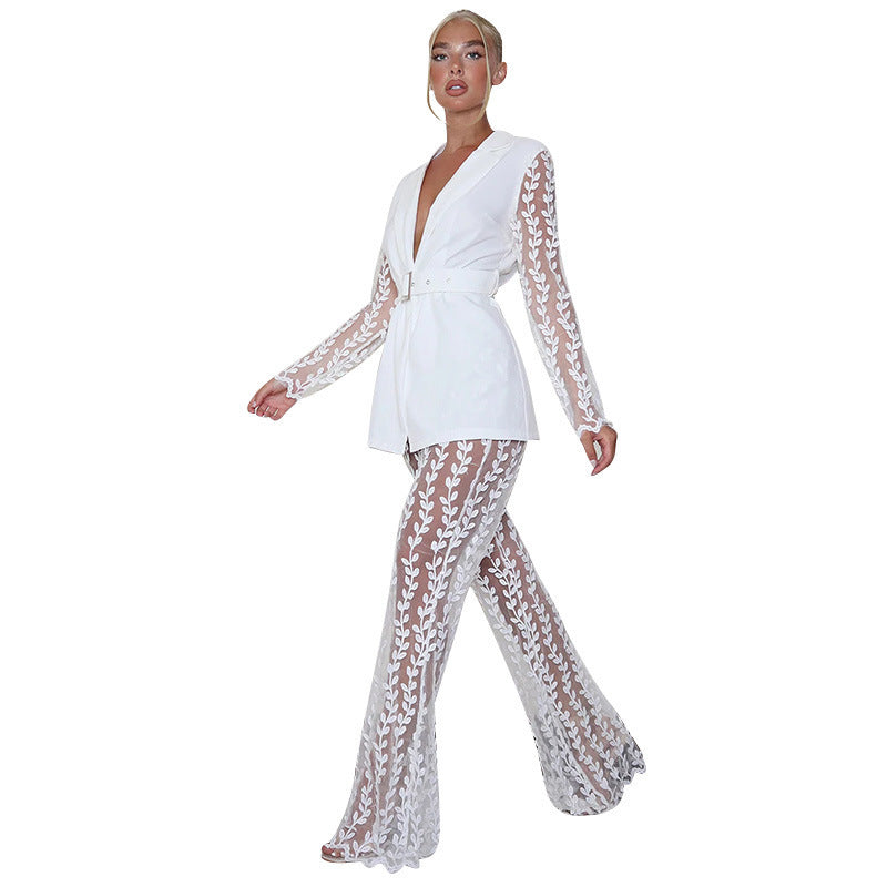 New Mesh Lace Floral Long-sleeved Top Bell-bottom Pants Suit Women Including Belt