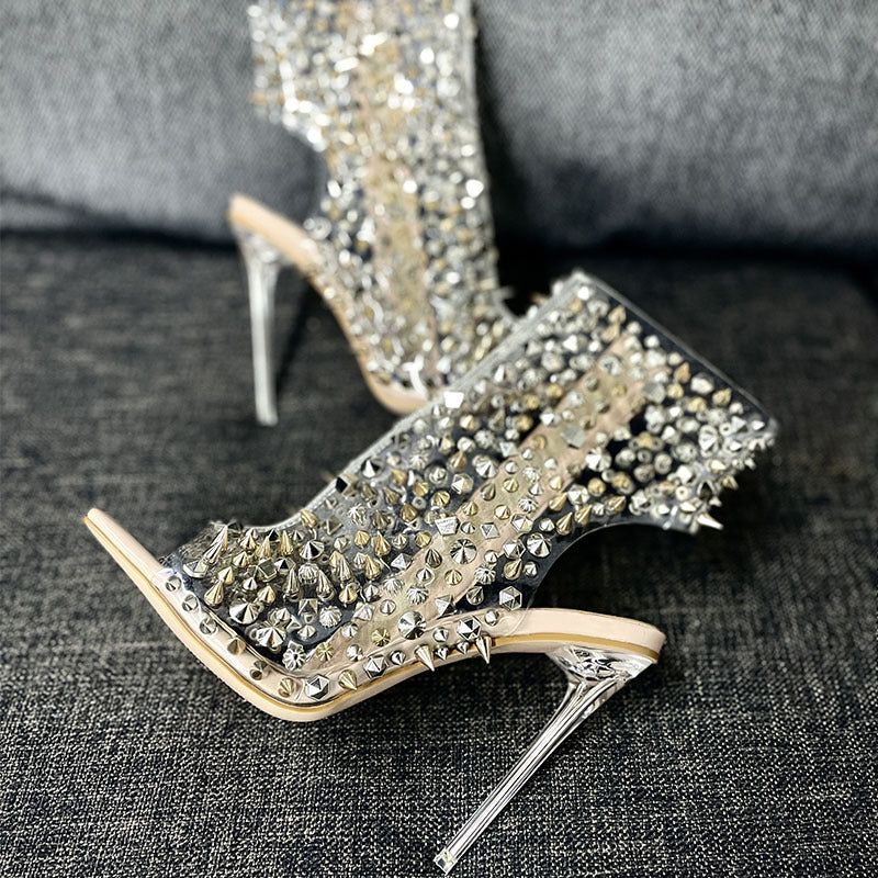 New Fashion Rivet Transparent Stiletto Heel Square Toe Zipper Sandals