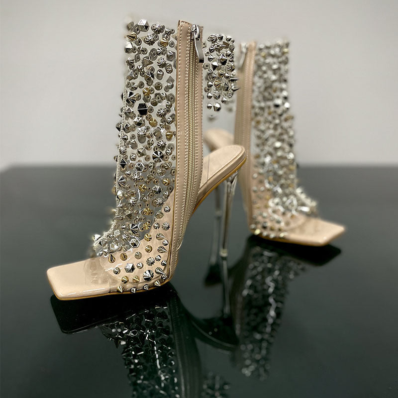 New Fashion Rivet Transparent Stiletto Heel Square Toe Zipper Sandals