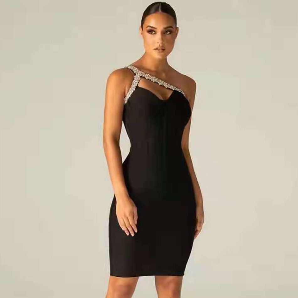 Slim Fit Black Bandage Dress With Rhinestone Panels