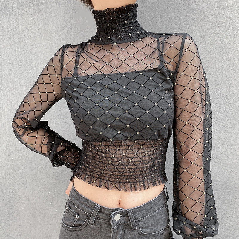 Turtleneck wrapped bra shirt fake two mesh