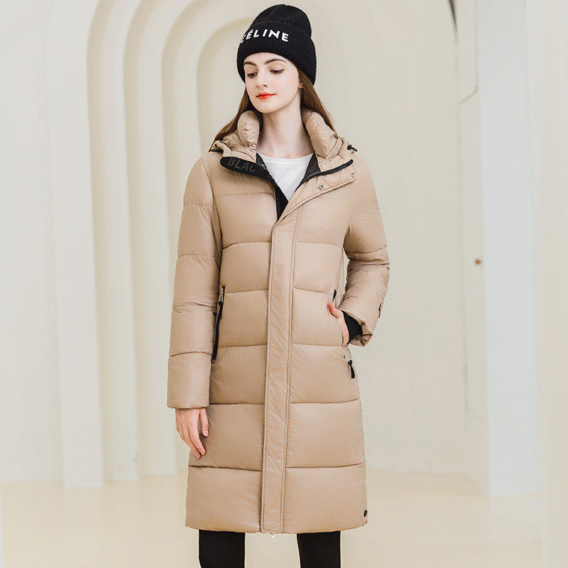 Women's Long Cotton Hooded Coat: Winter Warm, Fashionable, with Pockets, Solid Color