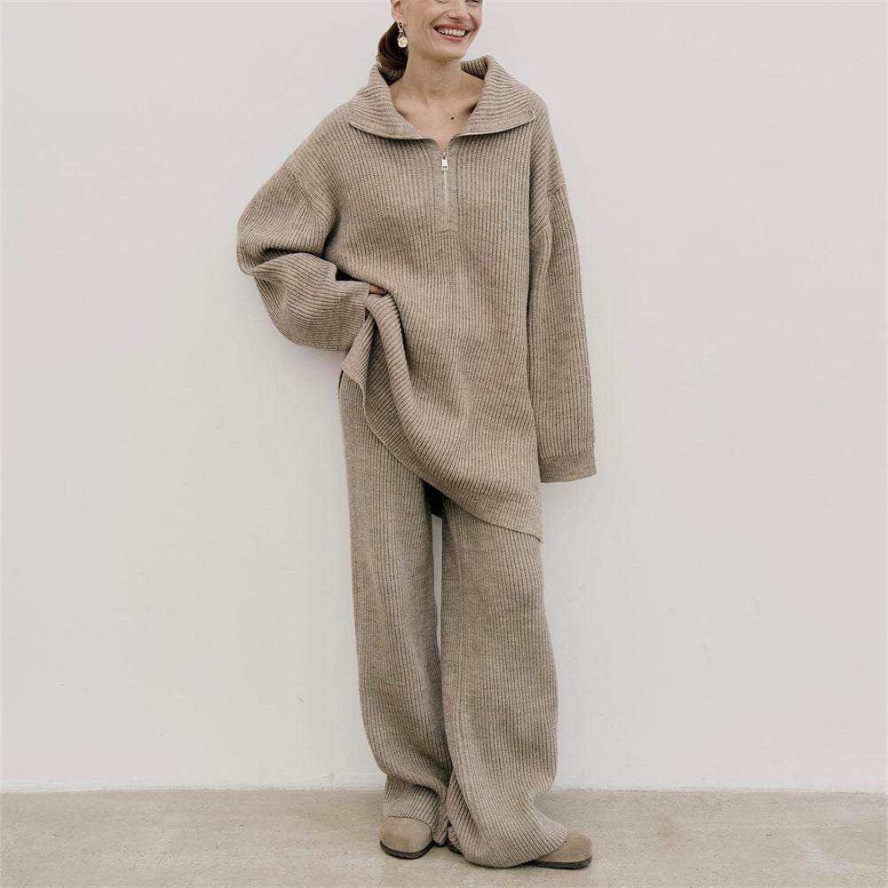 Autumn And Winter Half Zipper Sweaters Straight-leg Trousers Two-piece Set