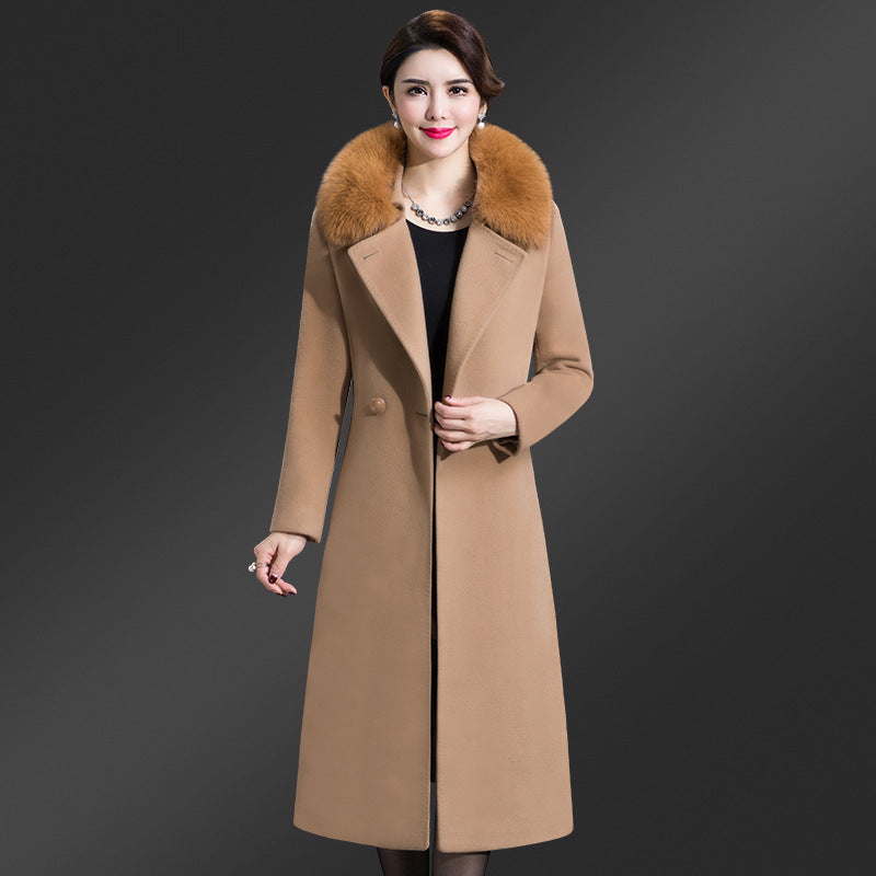 Korean Version Fox Fur Collar Single Side Cashmere Coat
