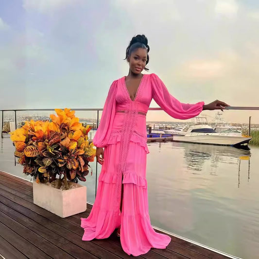 Elegant Stitching Long Sleeve V-neck Dress