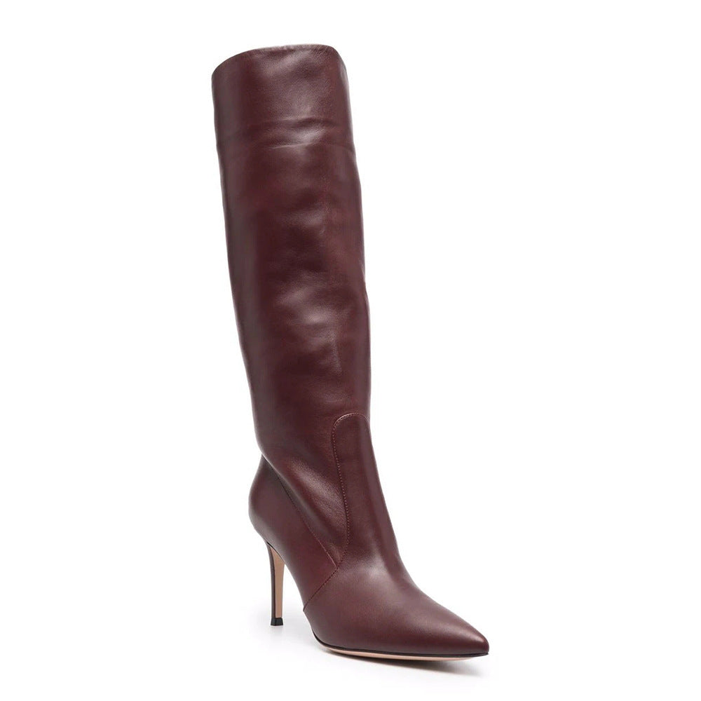 Burgundy PU Plus Size Pointed Toe Knee-length Boots