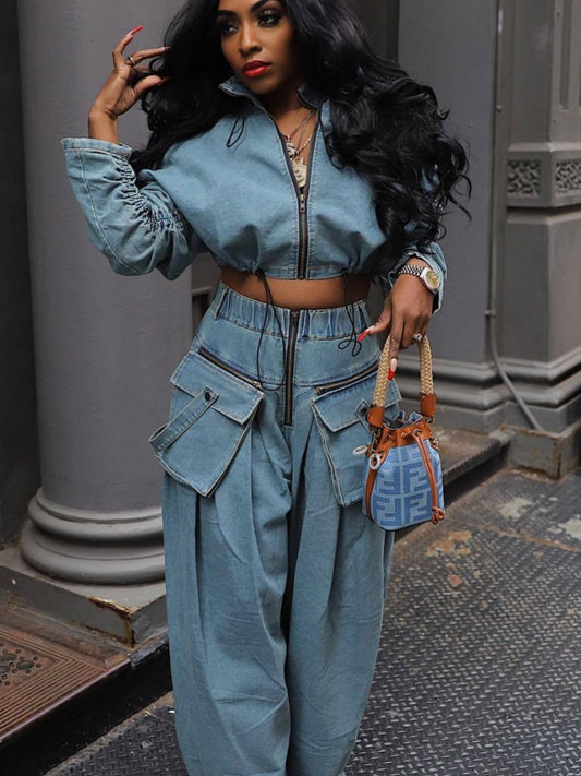 Retro Zipper Jacket & Wide-leg Jeans Two-piece Set