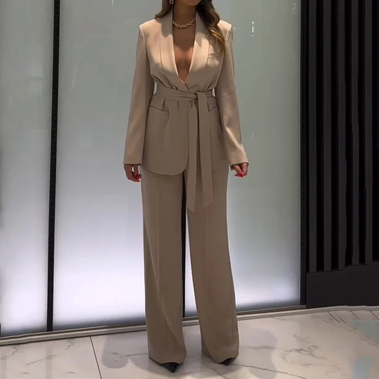 Deep V-neck Lace-up Waist-tight Sexy Slimming Temperament Long Sleeve Suit