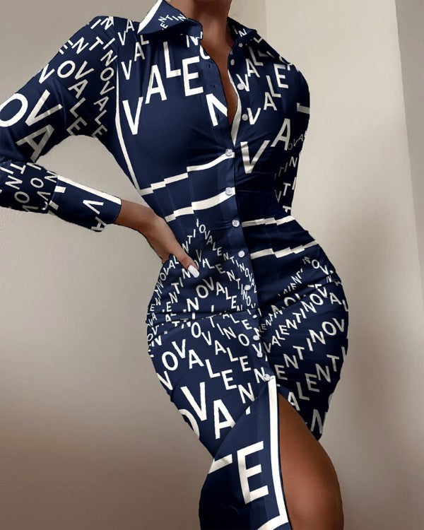 Women's Long Sleeve V Neck Waist Print Dress Shirt Dress