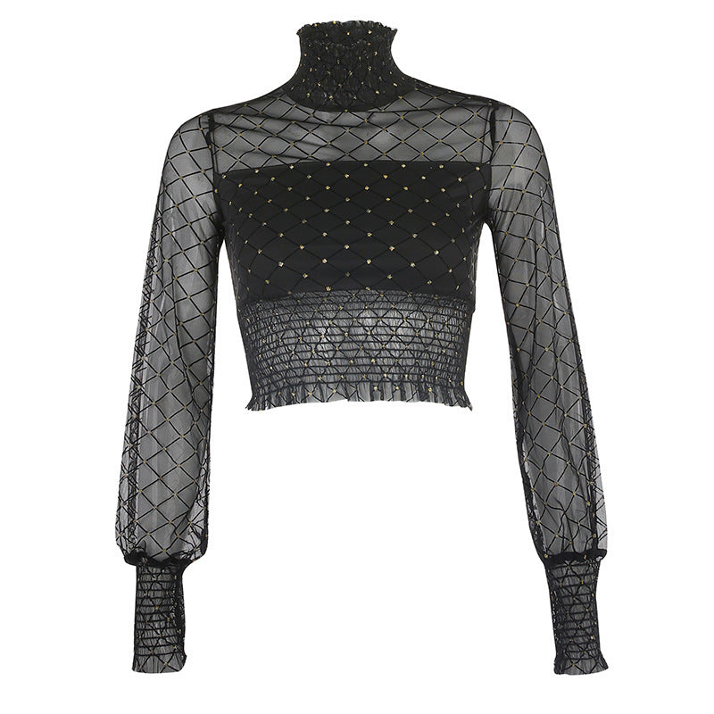 Turtleneck wrapped bra shirt fake two mesh