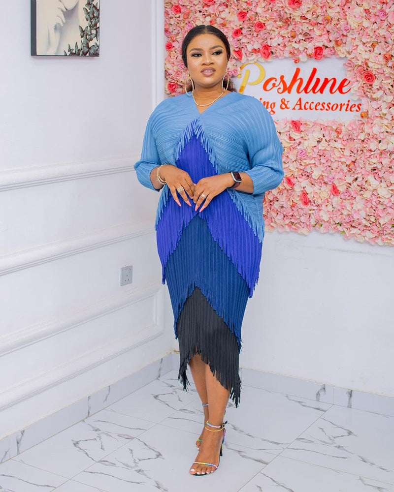 Pleated Tassel Gradient Color Dress Sanzhai Contrast Color V-neck Loose Slimming Temperament One-step Dress