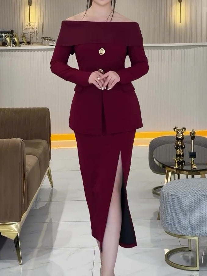 Burgundy Bateau Collar Top & Slit Skirt Suit