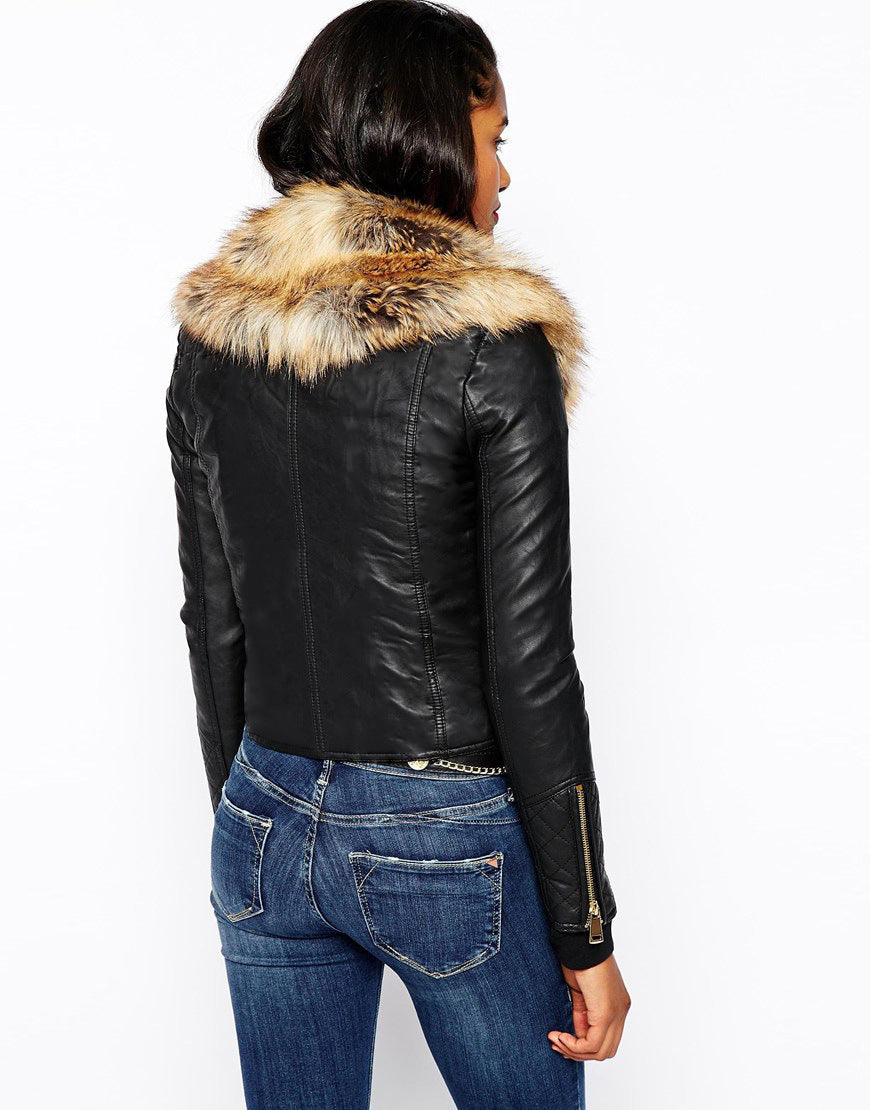 Hot PU Leather Jacket Coat with Faux Fox Fur Collar