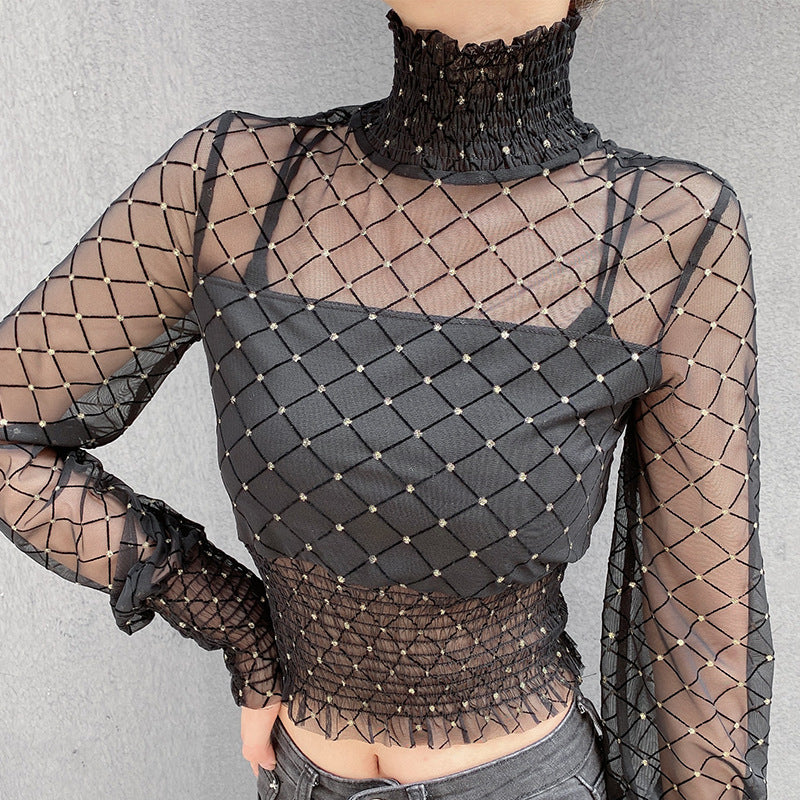 Turtleneck wrapped bra shirt fake two mesh