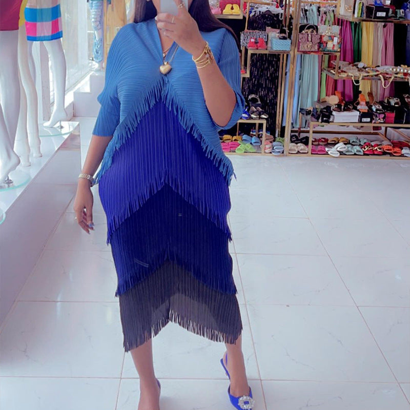 Pleated Tassel Gradient Color Dress Sanzhai Contrast Color V-neck Loose Slimming Temperament One-step Dress
