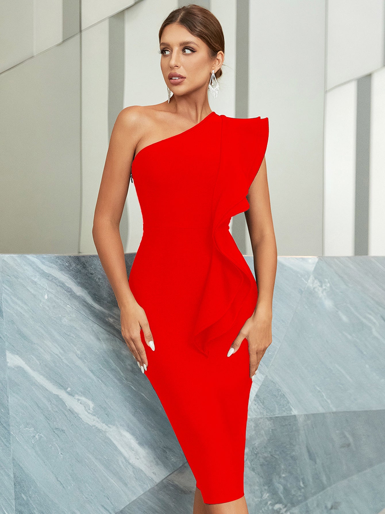 Flying Sleeves Knitted Tight Fit Medium Bandage Dress