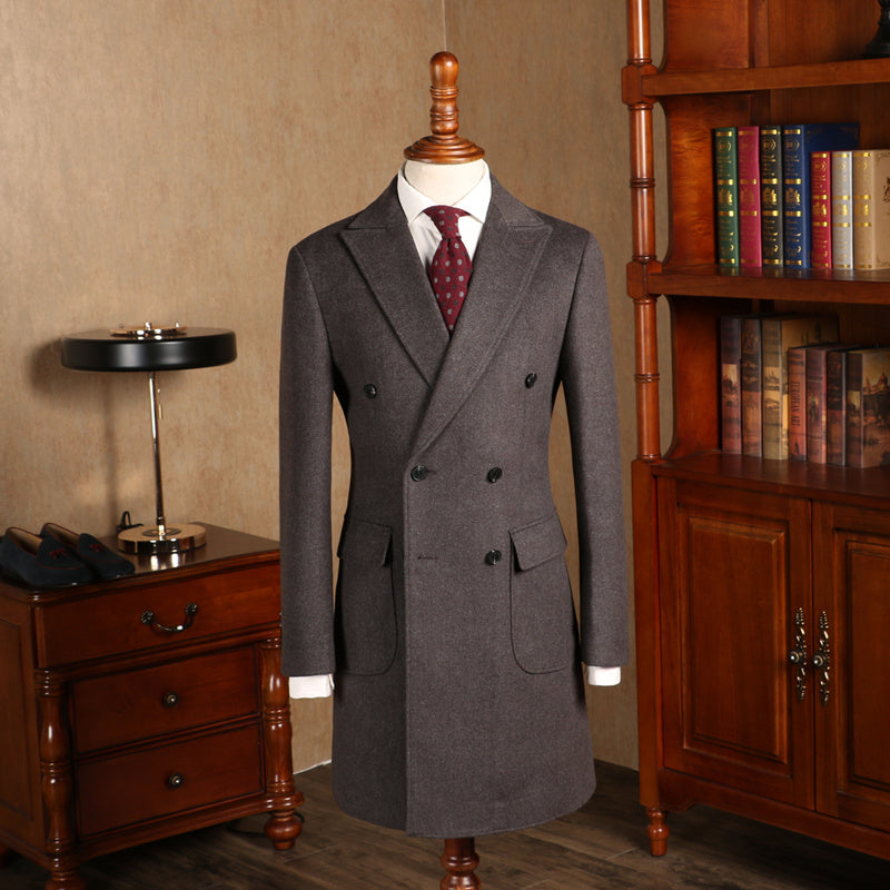 Herringbone Woolen Slim Fit Men's Mid Length Double Breasted Coat