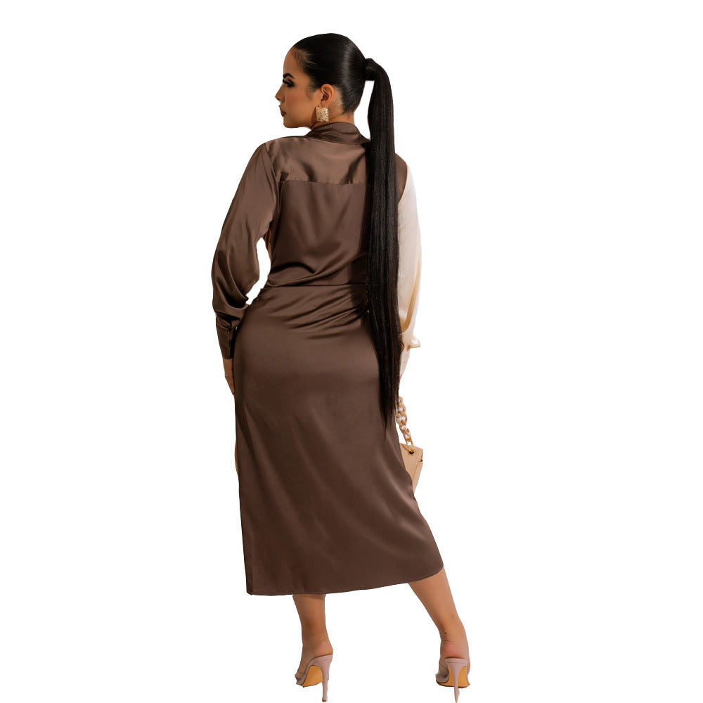 Women's Stitching Strap V-neck Long-sleeve Dress