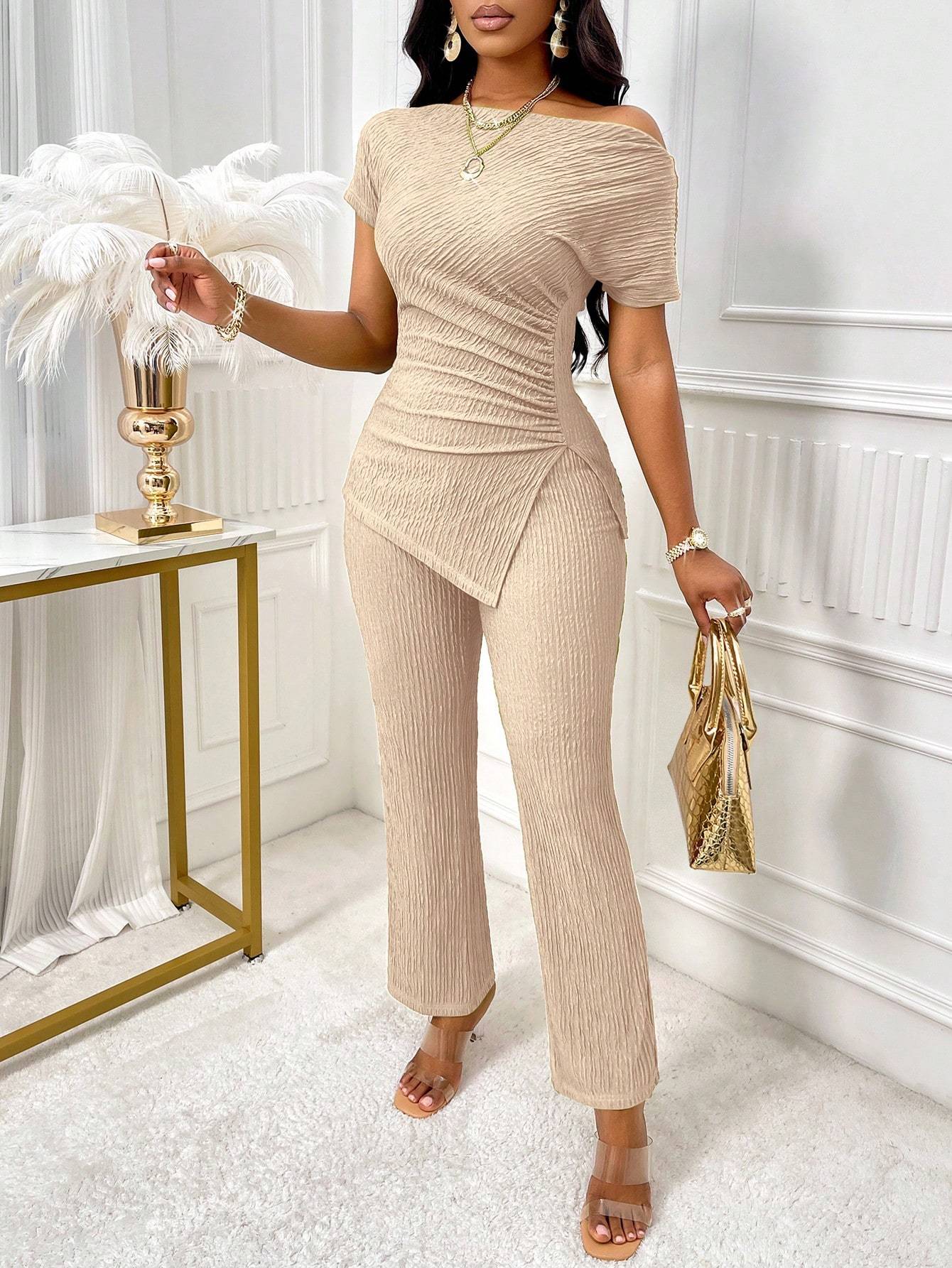 Neck Split Hem Ruched Top & Flare Leg Pants