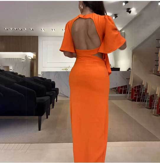 Women's Round Neck Backless Waist Trimming Dress