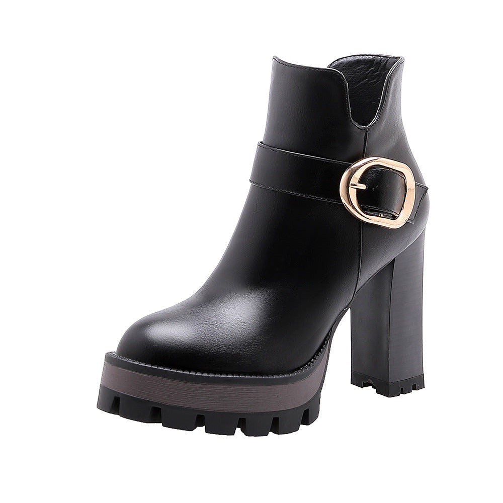 Belt Buckle Short Tube Waterproof Platform High Heel Short Women's Boots