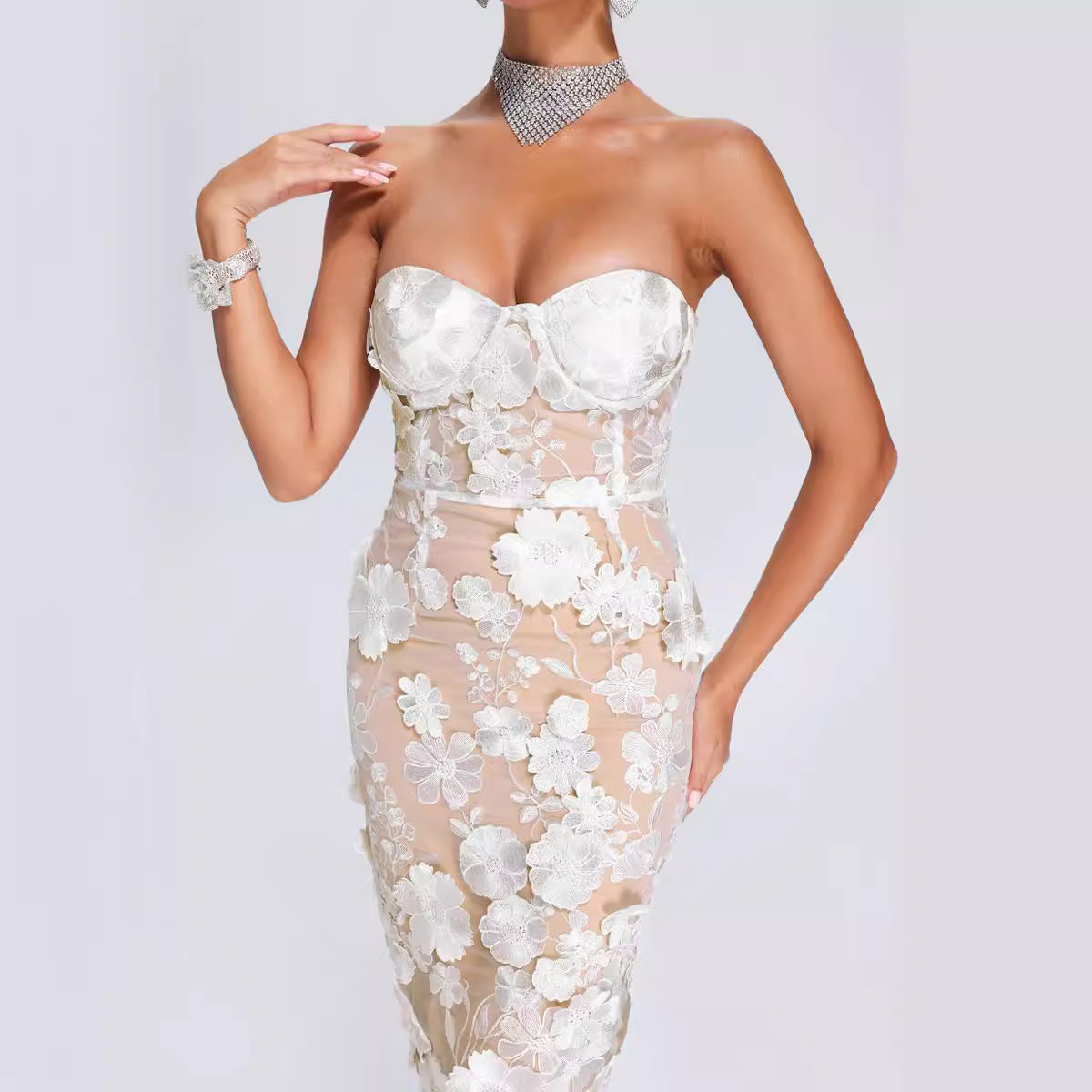 Elegant Lace Three-dimensional Flower Decoration Slim Tube Top Dress