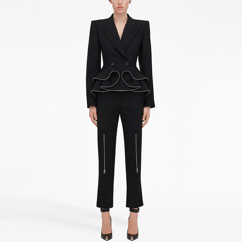 Zipper Ruffled Blazer Skinny Pants Suit Two-piece Suit