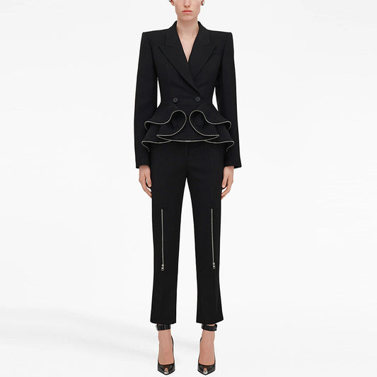 Zipper Ruffled Blazer Skinny Pants Suit Two-piece Suit