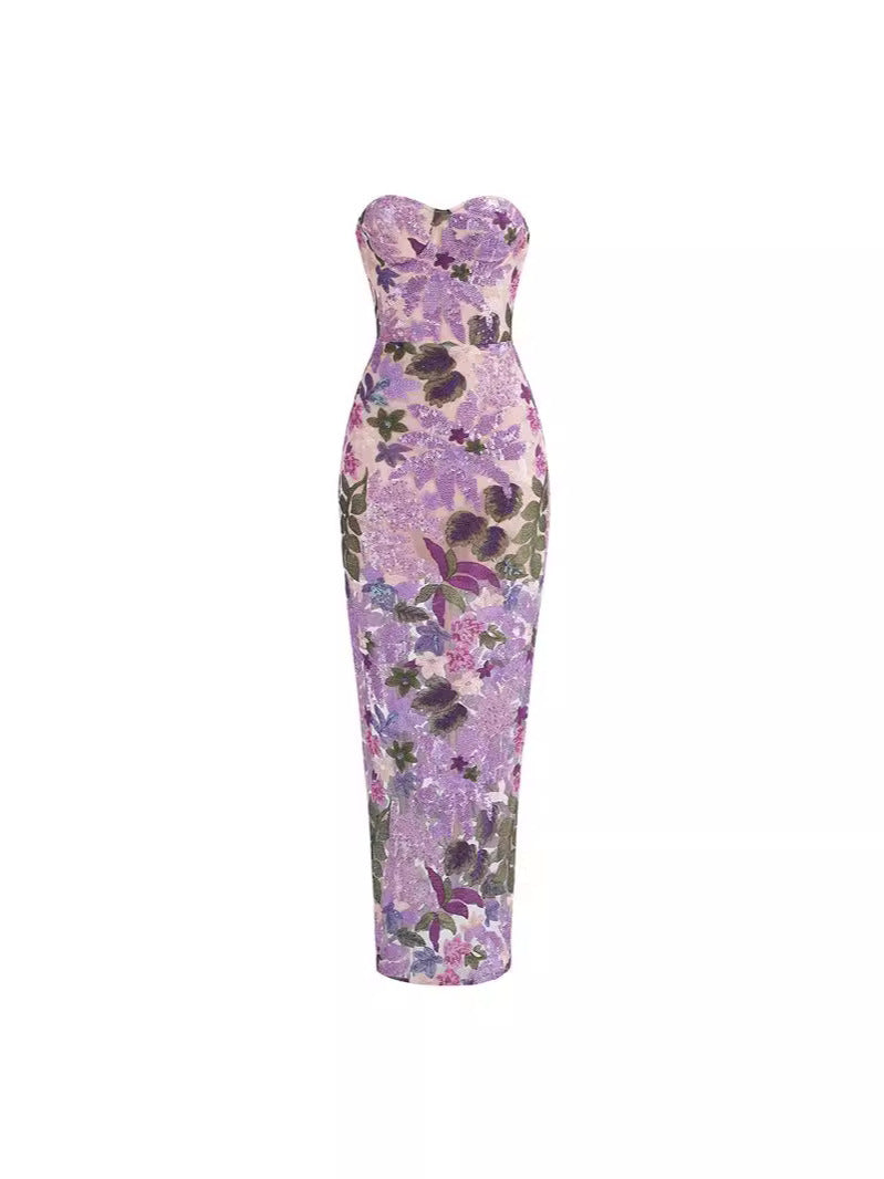 Female Purple Embroidered Sequins Bandeau Slim-fit Dress