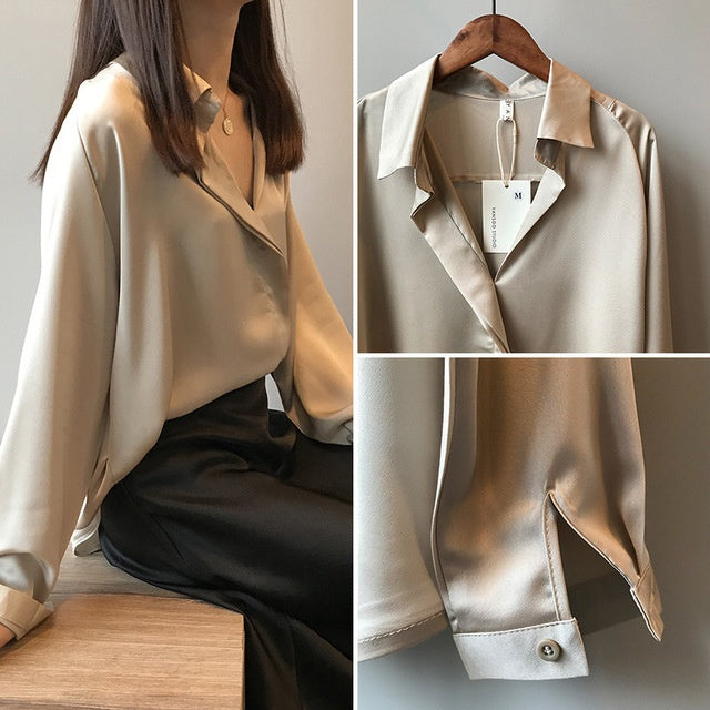 Long sleeve V-neck Vintage Silk Satin Chiffon shirt