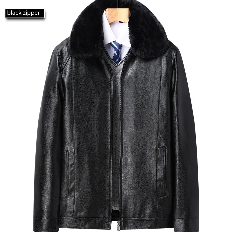 Middle-aged And Elderly Men's Leather Jacket Velvet Padded Thickened Coat Winter Leather Jacket