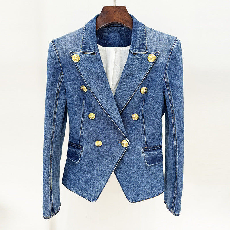 Socialite Temperament Slim Double-breasted Washed Denim Suit Jacket