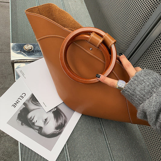 Small Design Wooden Ring Simple Fan-shaped Large Capacity Tote Handbag
