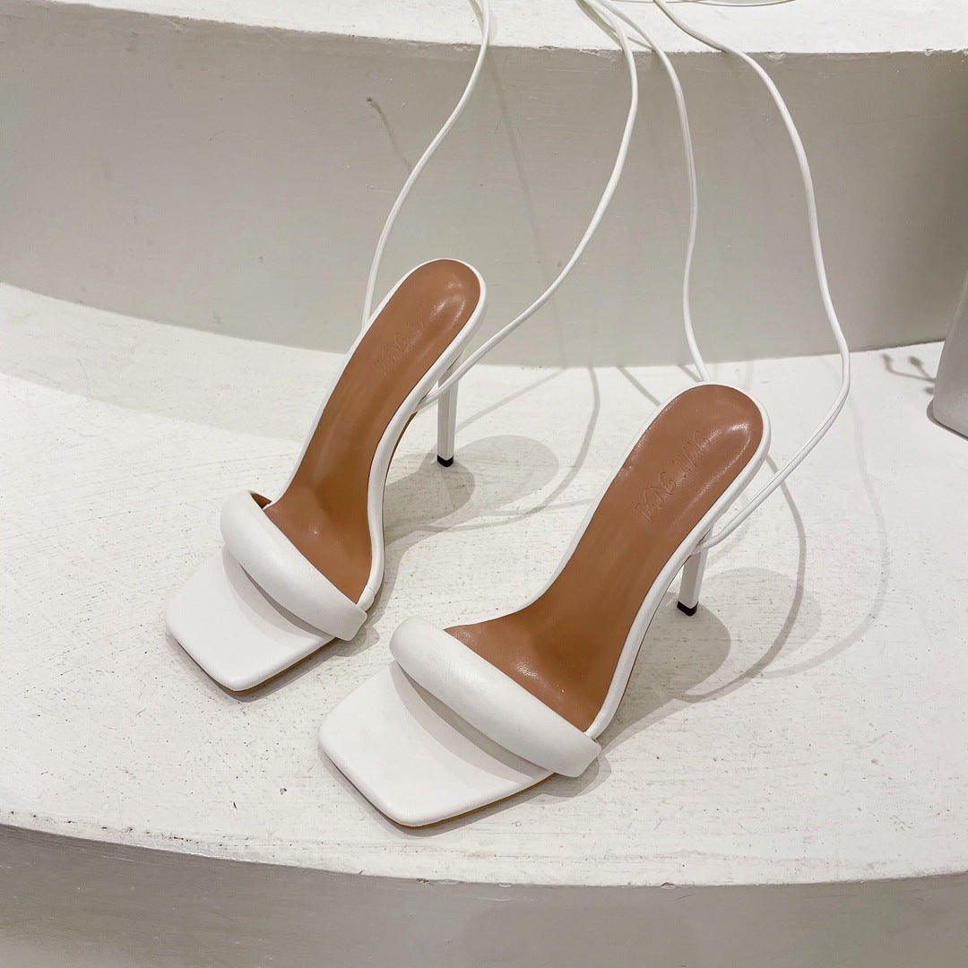 One Word Strap High Heels Square Toe Stiletto Strap Fashion Fashionable Women