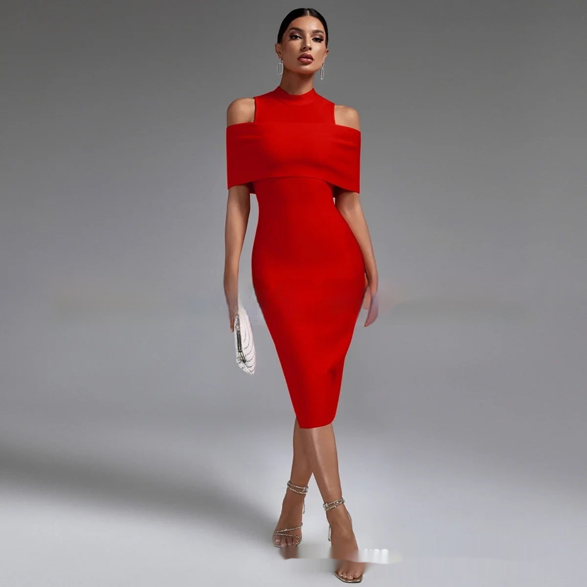 Shoulder-baring Slim-fit Solid Color Stretch Evening Dress