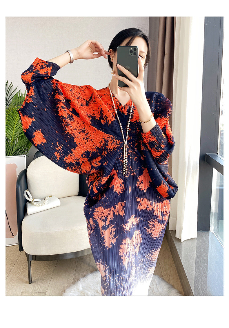 Women's Pleated Vintage Printed Batwing Sleeve Dress