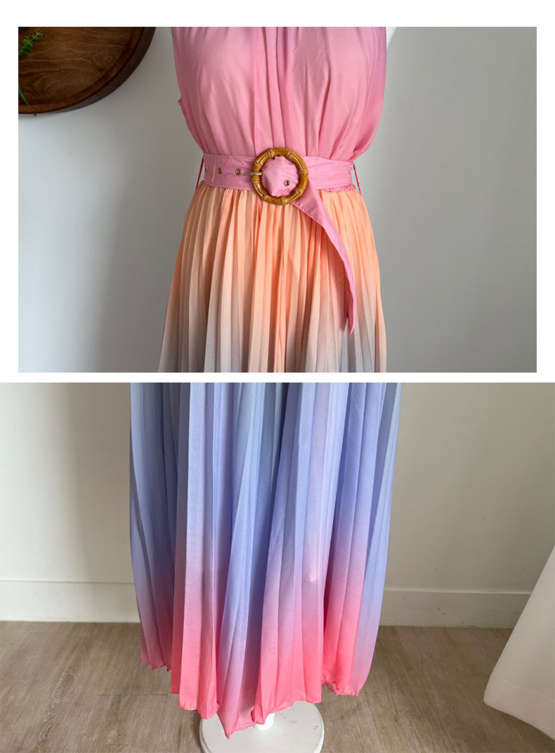 Ladies Gradient Color Pleated A-Line Sleeveless High Waist Dress