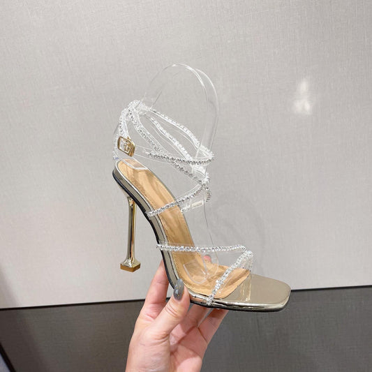 Rhinestone Cross Strap Stiletto High-heeled Large Size Sandals