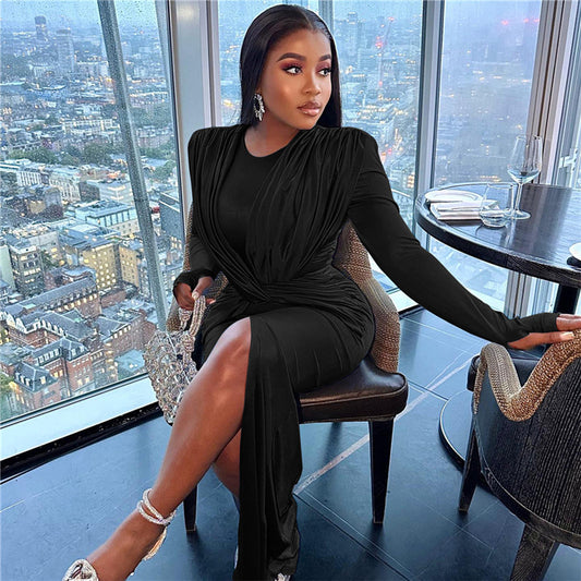 Round Neck Long Sleeve Slim Fit Slit Design Sense Dress