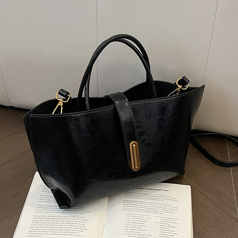 Simple Elegant Oil Wax Leather Portable Bucket Bag