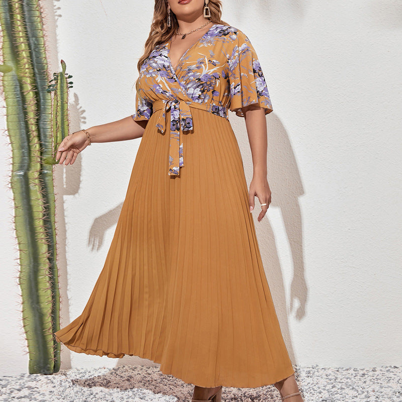 Temperament Printed Lace-up Waist Pleated V-neck Short Sleeve Dress