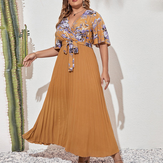 Temperament Printed Lace-up Waist Pleated V-neck Short Sleeve Dress