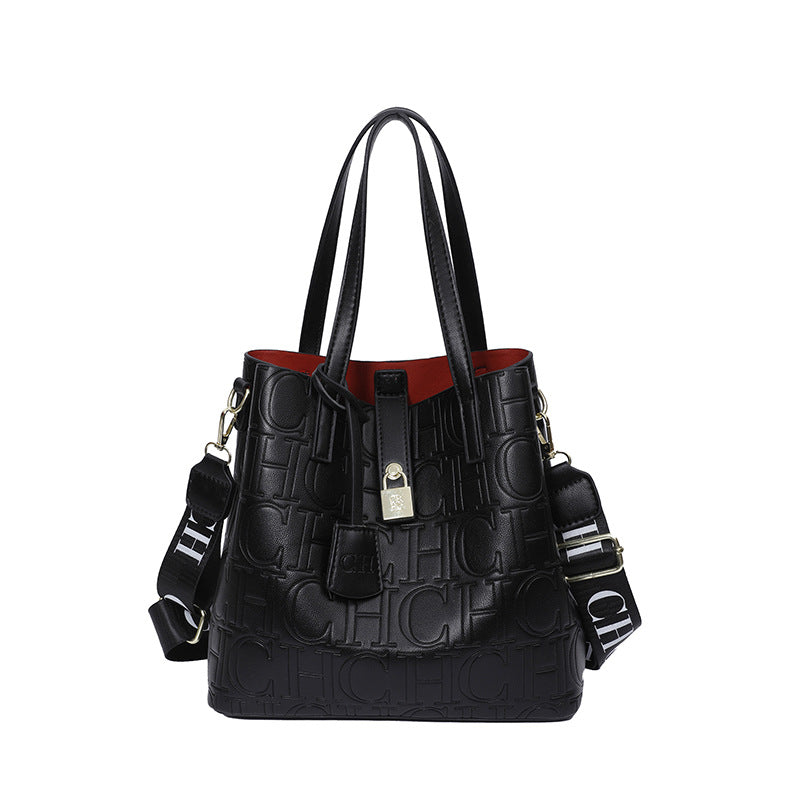 Letter Embossed Solid Color Fashion Retro Classic One-shoulder Portable Commuter Bucket Bag