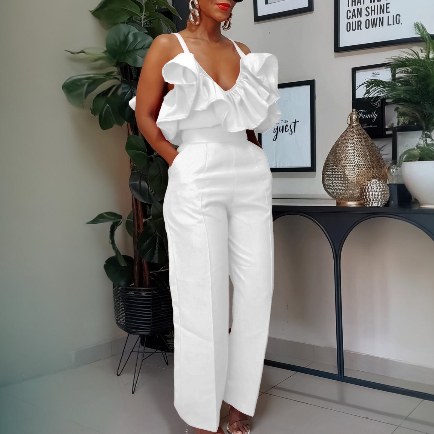 V-neck Flounce Sling Top High Waist Trousers Suit