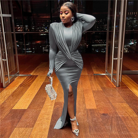 Round Neck Long Sleeve Slim Fit Slit Design Sense Dress